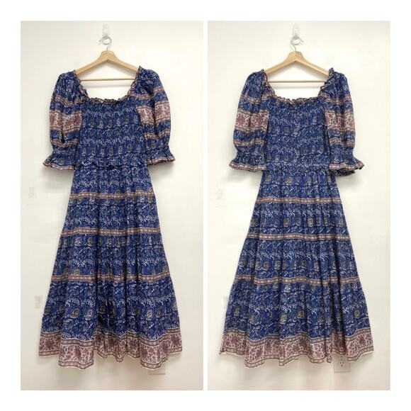 SEA New York Rosita Smocked Square Neck Puff-Sleeve Cotton Print Midi Dress XS - Picture 2 of 13